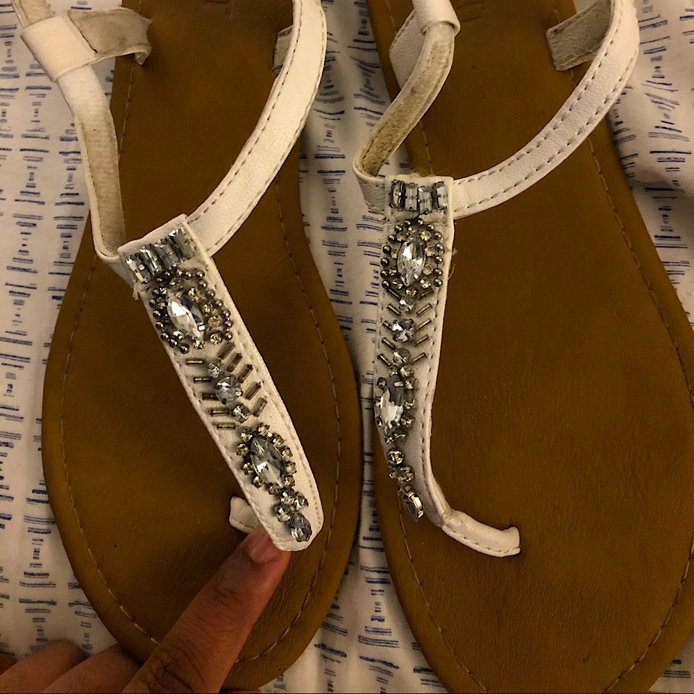 Rhinestone jeweled white sandals, size 8